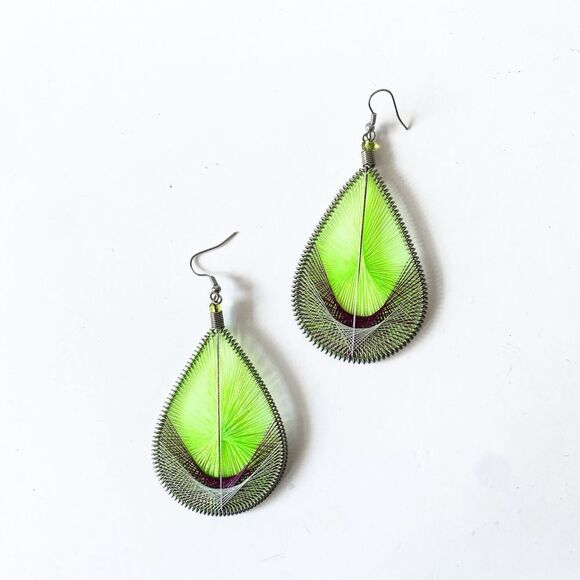 Boho Vibrant Neon Green Thread Teardrop Earrings Vacay Outfits Party Go out - Picture 1 of 4